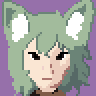 image of a faded green haired catgirl with brown eyes and white fluff in the ears.
